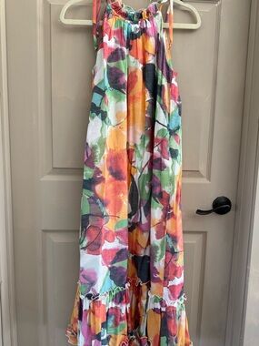 Robbie Bee White Multicolor Ruffle-Neck Maxi Dress